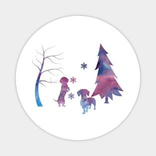 Dachshund Winter Forest Art With Snowflakes Magnet